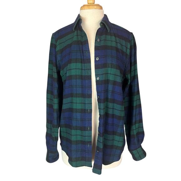Lands End Plaid Flannel Button Down Shirt Womens 10 Blue Green Tartan Boyfriend - Picture 3 of 8